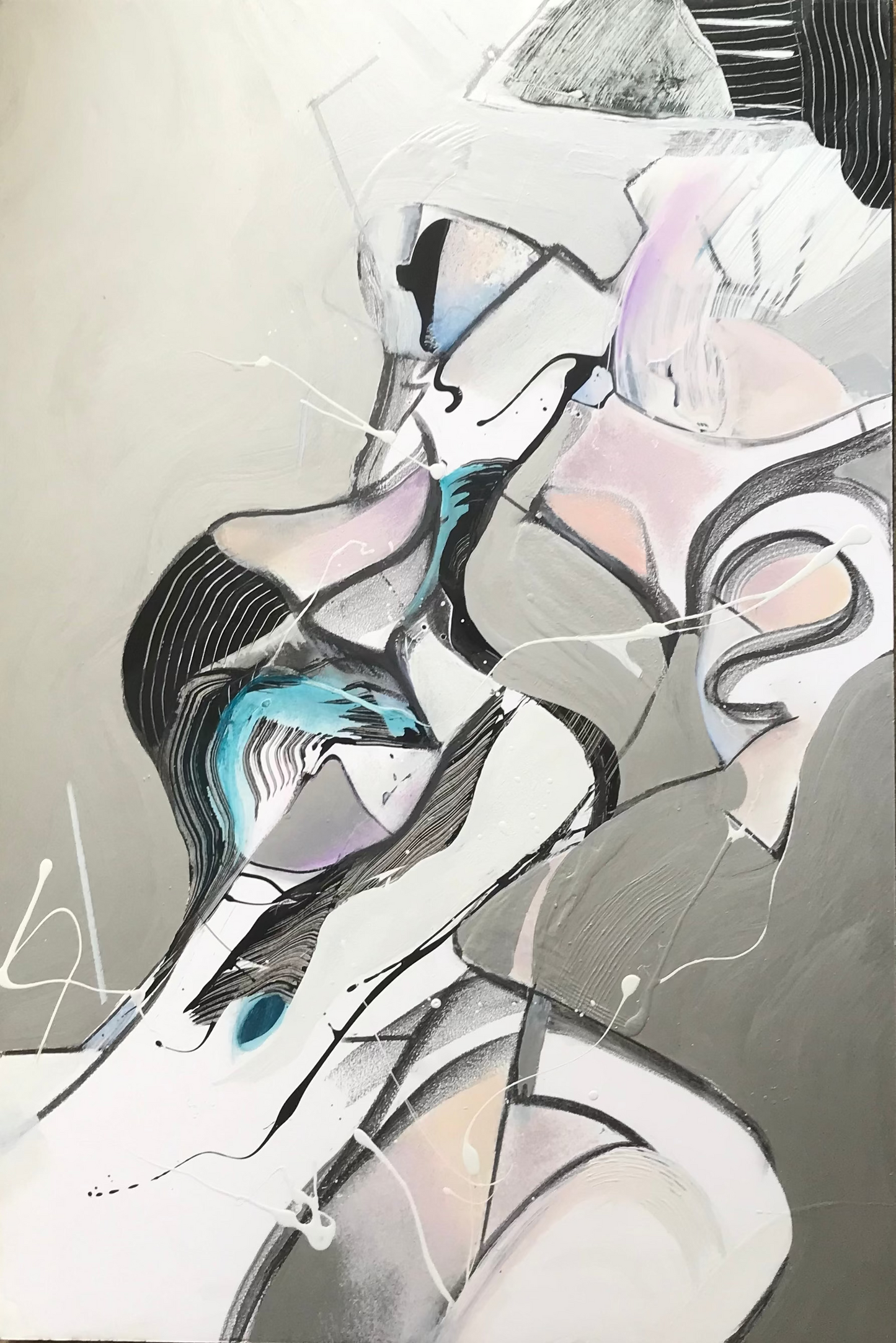 Abstract contemporary painting with enamel and oil on multimedia board, featuring a blend of gray, white, and blue tones with dynamic, fluid lines.